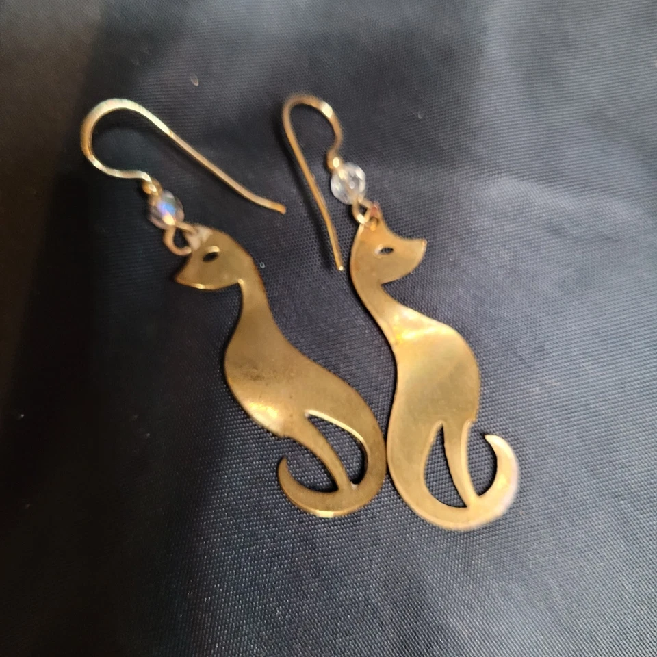 Pendientes colgantes de latón vintage esmalte alambre francés gato Foto 4 de 4