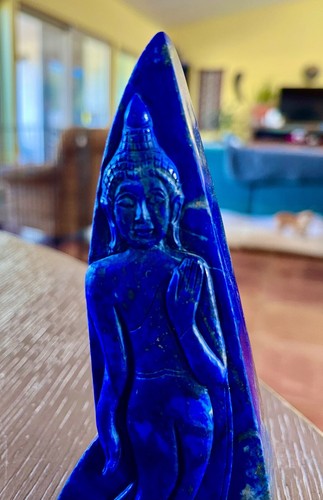 EXQUISITE HAND CARVED AAAAA ROYAL BLUE AFGHANI LAPIS STANDING BUDDHA 379gr WOW - Picture 2 of 10