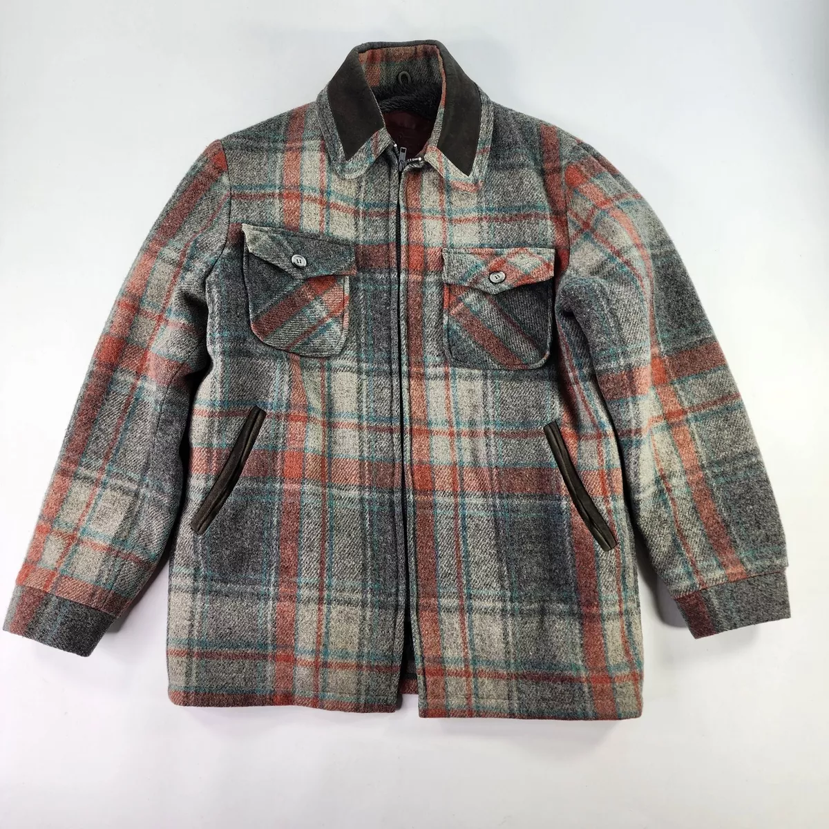 VTG WOOLRICH Wool Blanket Fleece Lined jacket Siz M Zipper Plaid Coat