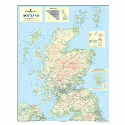 MAP MARKETING Scotland Road Wall Map Laminated Postcode Ferry Routes Motorways Size 91 x 114cm