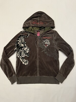 VTG Y2K Ed Hardy Christian Audigier Full Zip Velour Hoodie Rhinestone Women Sz M