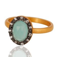 Aqua Blue Chalcedony Gemstone CZ Ring 925 Sterling Silver18K Gold Plated Jewelry