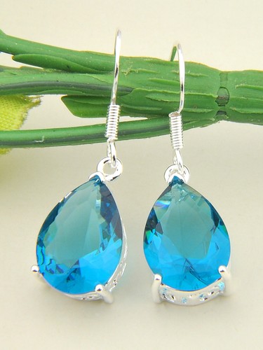 Eoropean Style Teardrop Fire Sky Blue Topaz Gemstone Silver Dangle Earrings - Picture 2 of 5