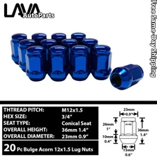20 PCS 12X1.5 BLUE BULGE ACORN LUG NUTS CONE SEAT FIT HONDA ACURA MODELS