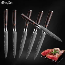 1-6PCS Kitchen Knife Cleaver Chef Stainless Steel Laser Damascus Steak Knives