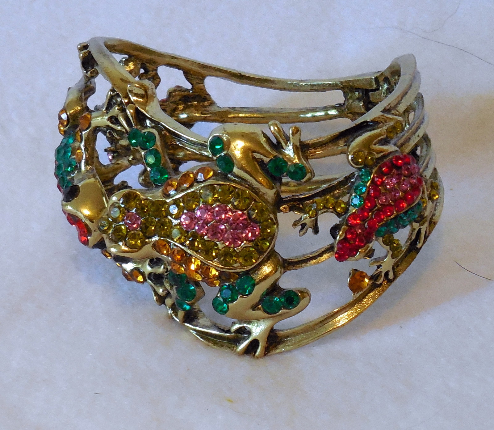 Multi-color Rhinestone Frog hinged cuff Bangle Br… - image 3