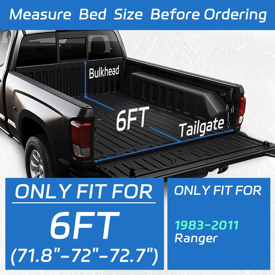 6FT Roll Up Tonneau Cover Truck Bed For 1983-2011 Ford Ranger w/ LED Waterproof - Изображение 2 из 4
