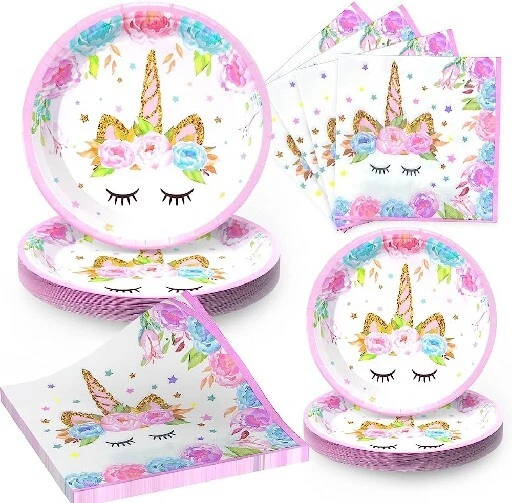 Decoraciones de cumpleaños de unicornio para niñas fiesta 32 platos 16 servilletas cubierta de 1 mesa Foto 3 de 4