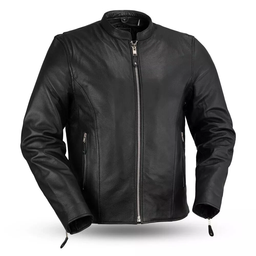 NEW First Mfg Leather Motorcycle Biker Jacket Armor Pockets Ace Cafe Black
