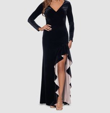 Xscape Women's Black Velvet V-Neck Ruffled Slit Evening Gown Dress Size 10