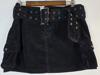Princess Polly Black Corduroy Cargo Mini Skirt Y2K Grommet Belt US 6 Goth Grunge