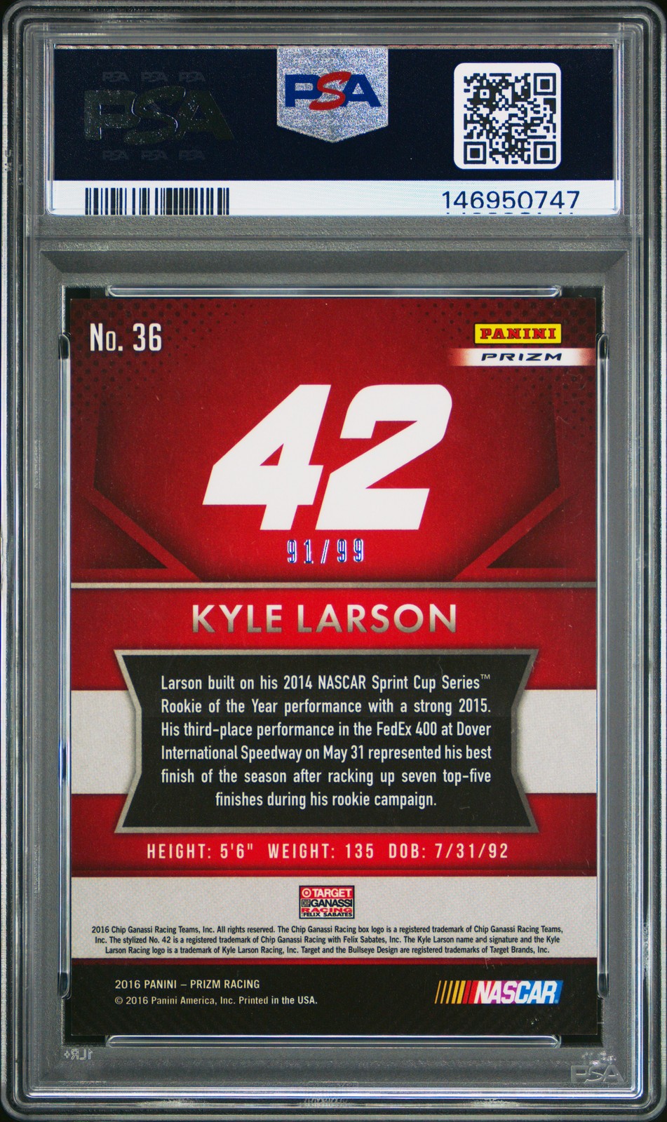 2016 PANINI PRIZM BLUE FLAG PRIZM #36 KYLE LARSON ROOKIE RC 91/99 PSA 9 view 2
