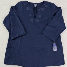 NWT Chaps Classics XL Navy 100% Linen Embroidered Tunic Top 3/4 Sleeve Coastal 