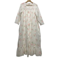VTG Willow Creek Long Rose Stripe Lace Trim Button Up Nightgown Sz M Cottagecore