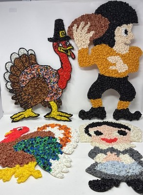 Vintage Melted Plastic Popcorn Turkey Pilgrims Thanksgiving Lot 4 Decor  22''