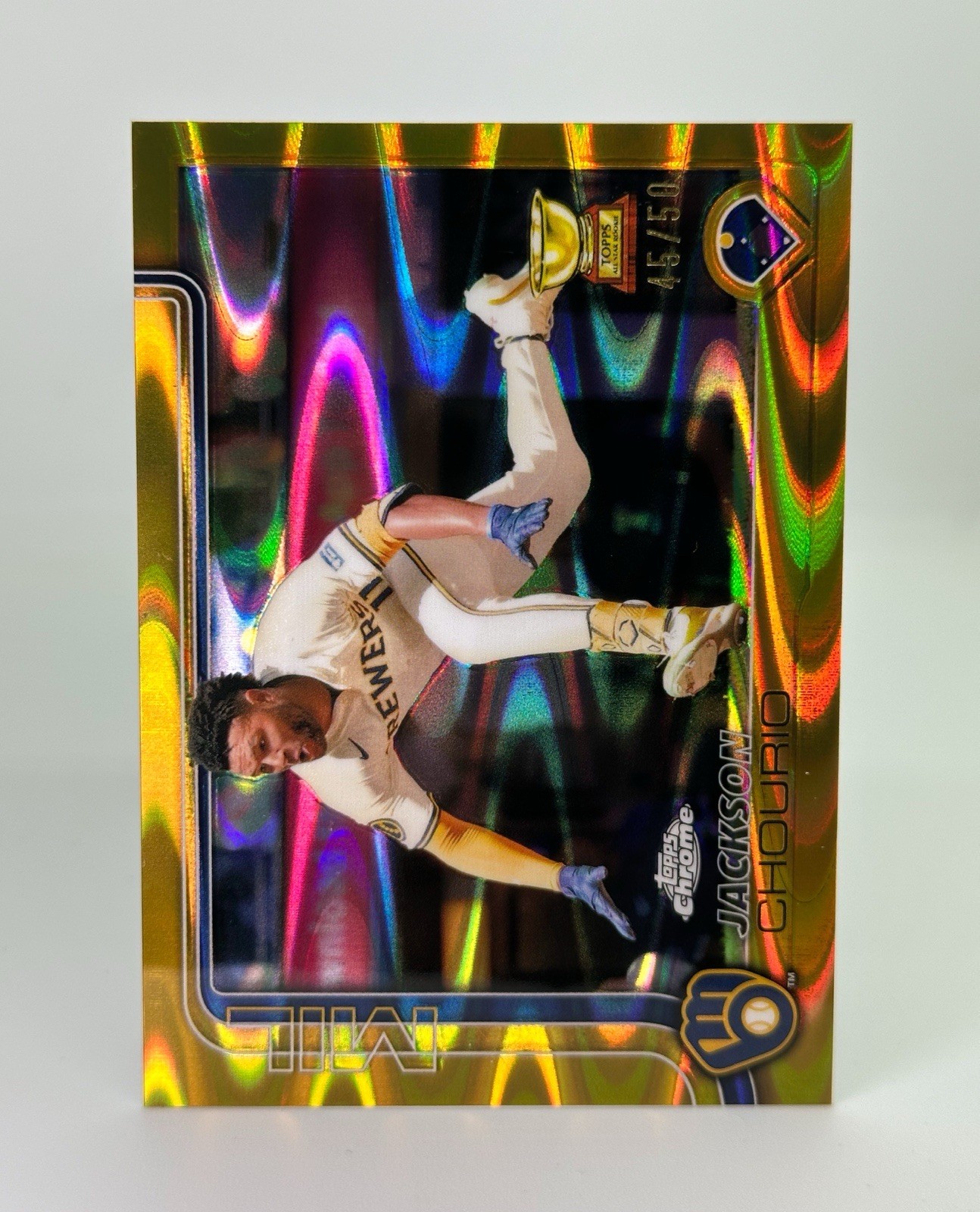 2025 Topps Chrome #262 JACKSON CHOURIO Rookie Cup Gold RayWave Refractor /50