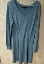 DOKOTOO Blue Knit Cable Sweater Dress V-Neck Long Sleeve Knee Length Pullover