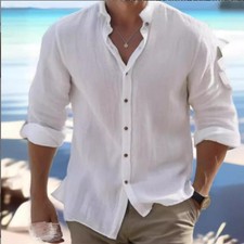 Button-up Shirt Mens Long Sleeve Cotton Linen T-shirt Casual Summer Beach