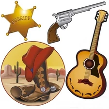 4 x 40cm Cut Out Cardboard Western Decorations Party Boot Badge Guitar