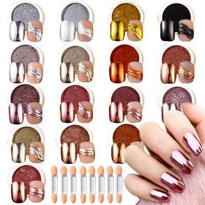 16 Jars Chrome Nail Powder for Gel Nails, Holographic Mirror Metallic Effect ...