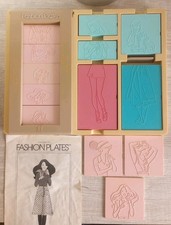 Vintage 1978 Tomy Fashion Plates Drawing Design Set Kit  26 Blue  Pink Plates