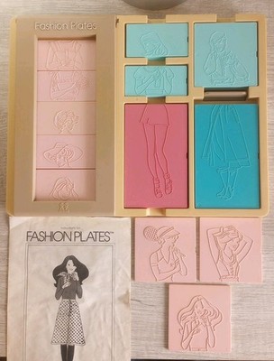 Vintage 1978 Tomy Fashion Plates Drawing Design Set Kit + 26 Blue & Pink Plates