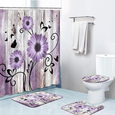 Bathroom Sets with Shower Curtain and Rugs, 4 Pcs, Purple Daisies  Worn Wood Fl
