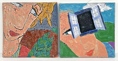 VTG 1997 David Stabley Signed Raku Ceramic Art Tiles Trivets Abstract Set of 2