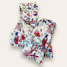 Women's Cotton Pajama Set – Floral Bird Print Button Down Top Pants, Pjs