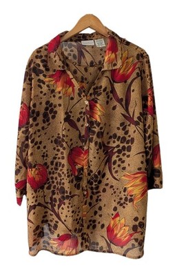 White Stag Women's 2pc Top Set 22/24 Multicolor 3/4 Sleeve Sheer Button Pullover