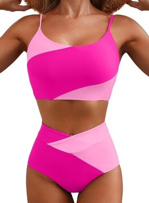 Small-Herseas 2 Piece Bikini Set-High Waisted Bikini Sets Color Block-Rose Red