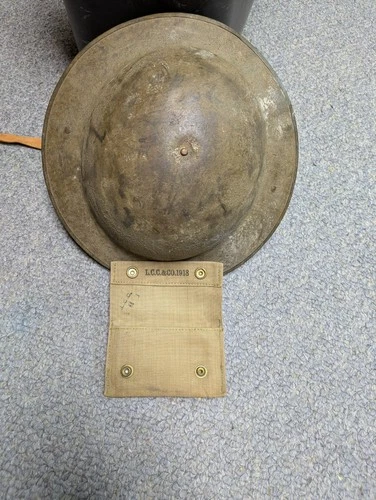 WW1 Brodie Military Helmet / Original Liner Suspension  and Utility Pouch 1918