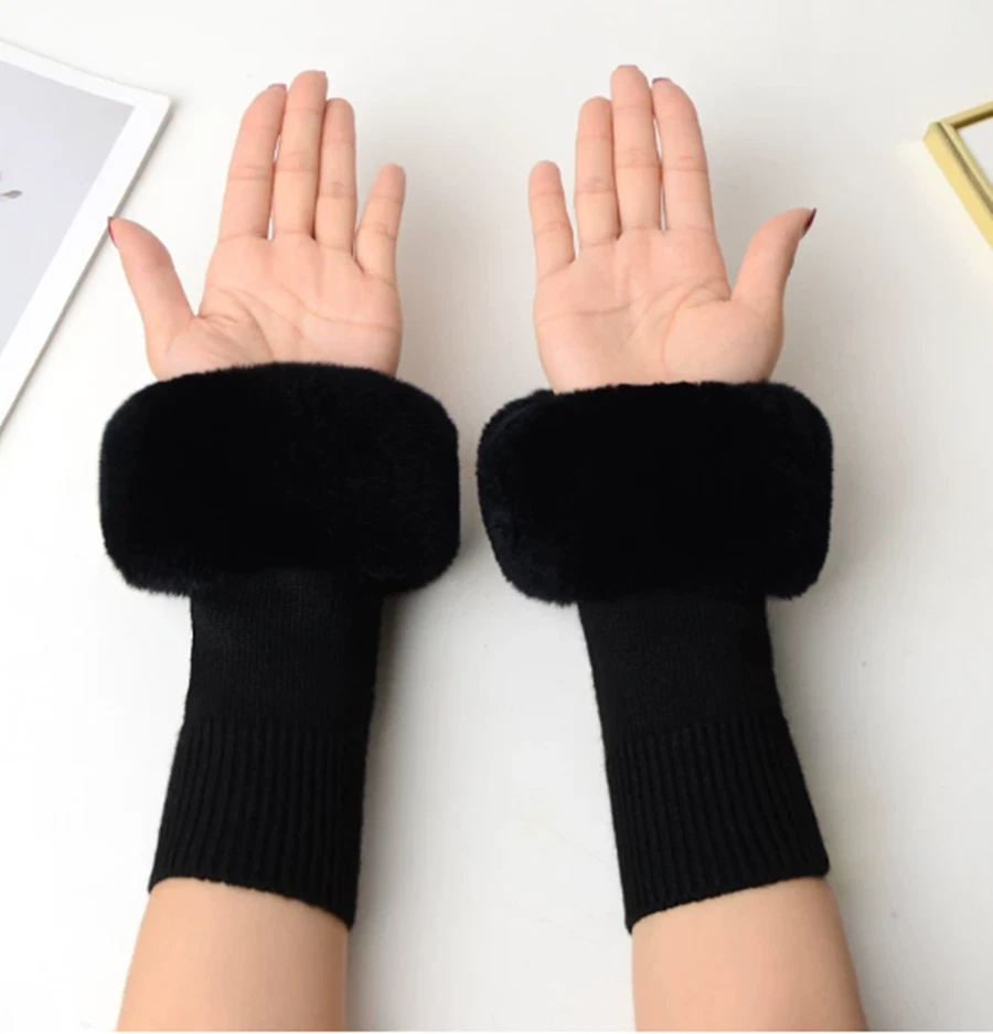 Women Winter Genuine Rex Rabbit Fur Knitted Gloves Warm Fingerless Wrist Mittens