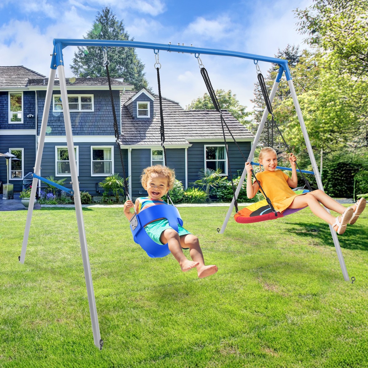440lbs Metal Swing Set with Swings Heavy Duty Frame Outdoor