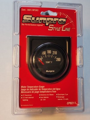 Sunpro CP8211 Style Line 2  Electrical Water Temperature Gauge 100-280 Degrees F