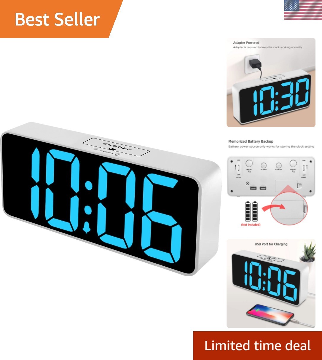 Dimmable 9 Inch Digital Alarm Clock with USB Charging Perfect for Elderly Use featured image