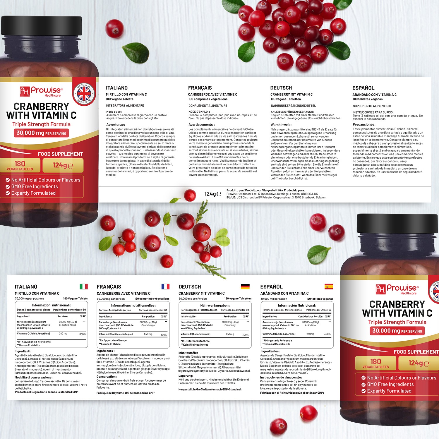 Triple Strength Cranberry 30,000mg Added with Vitamin C I 180 Vegan Tablets