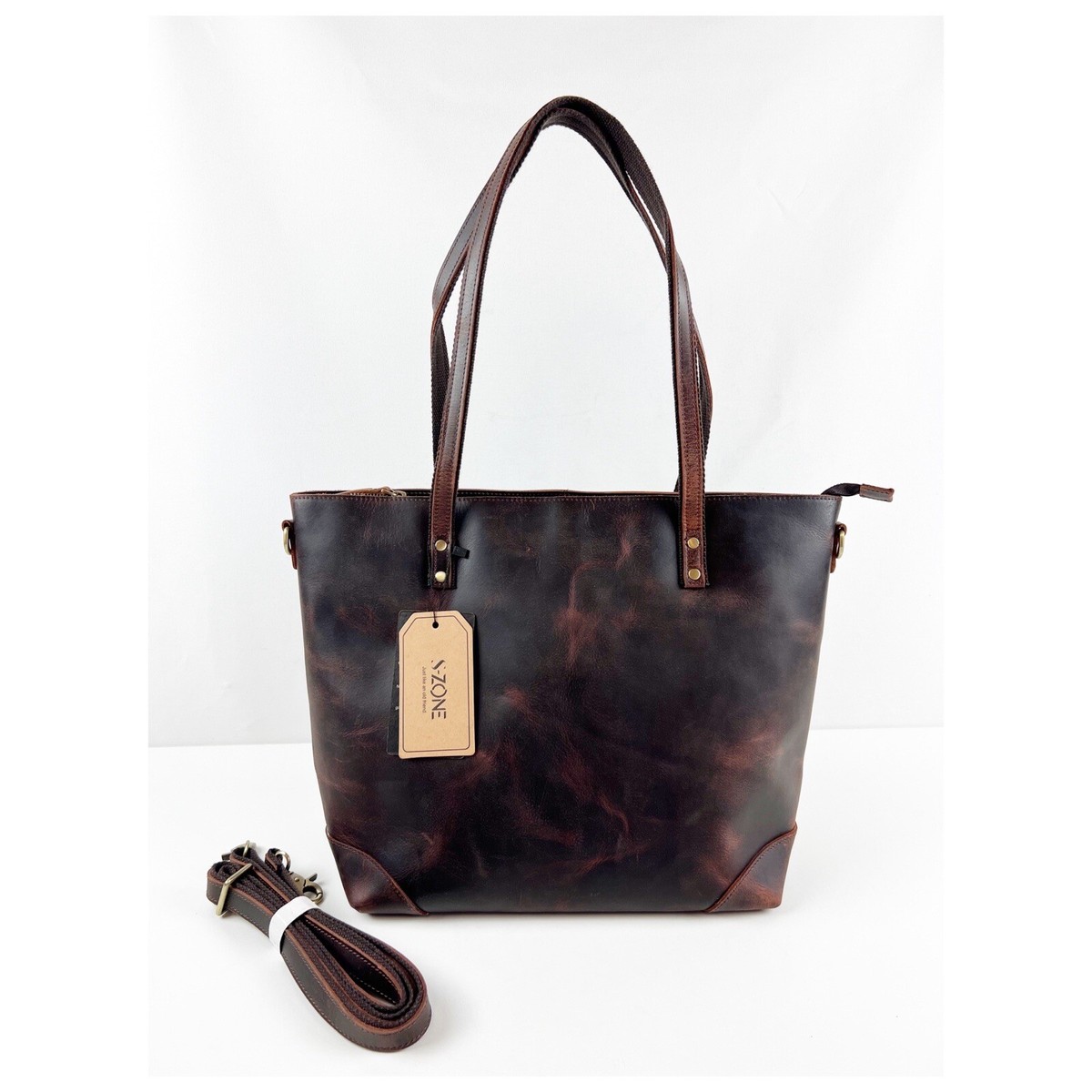 S-Zone Brown Thick Genuine Leather Tote Purse Business Carry-On