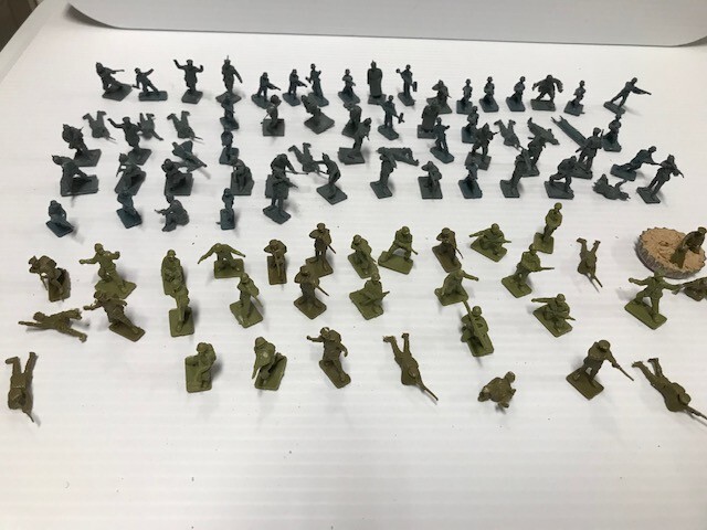 Lot of Vintage Tiny Army Men - 61 Blue, 31 Green, various poses