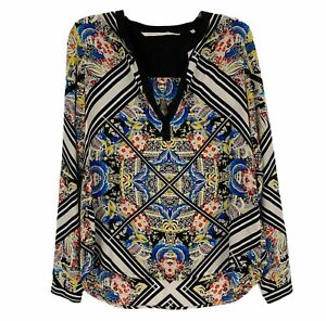 Twelfth Street by Cynthia Vincent Silk Blouse Top Multi-Color Design Roll Tab Sl