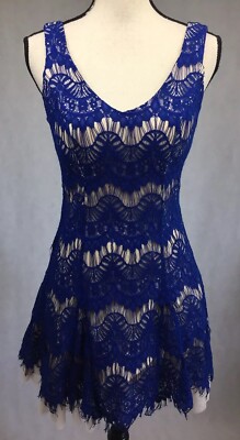 B.DARLIN Size 5/6 Nude Tulle Formal Dress Sapphire Blue Lace Overlay Fringe Hem