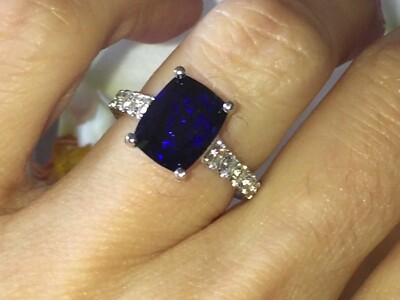 5.50 Ct Cushion Natural Sapphire & Diamond Wedding Ring 14K White Gold Size 9.5