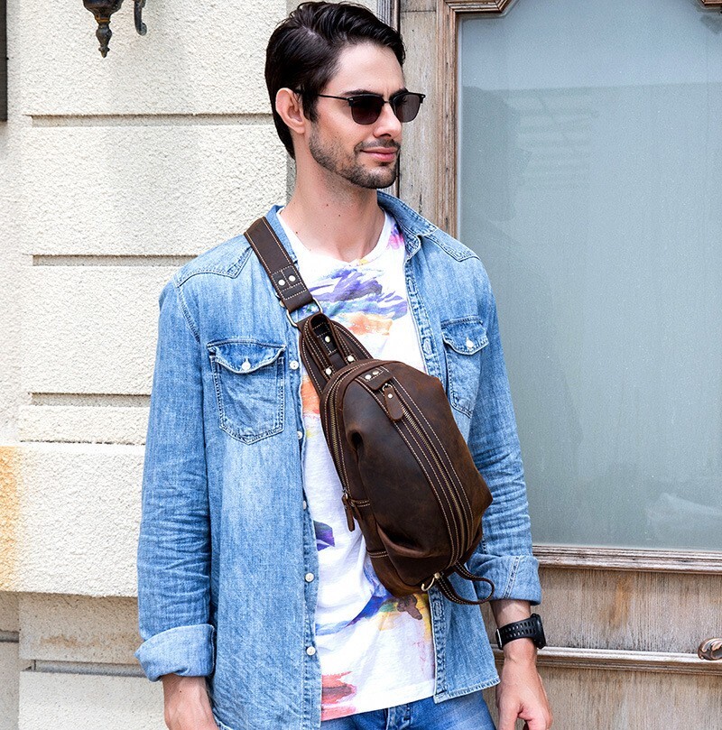 Men's Genuine Leather Retro Chest Bag Casual Shoulder Cowhide Crossbody Bag