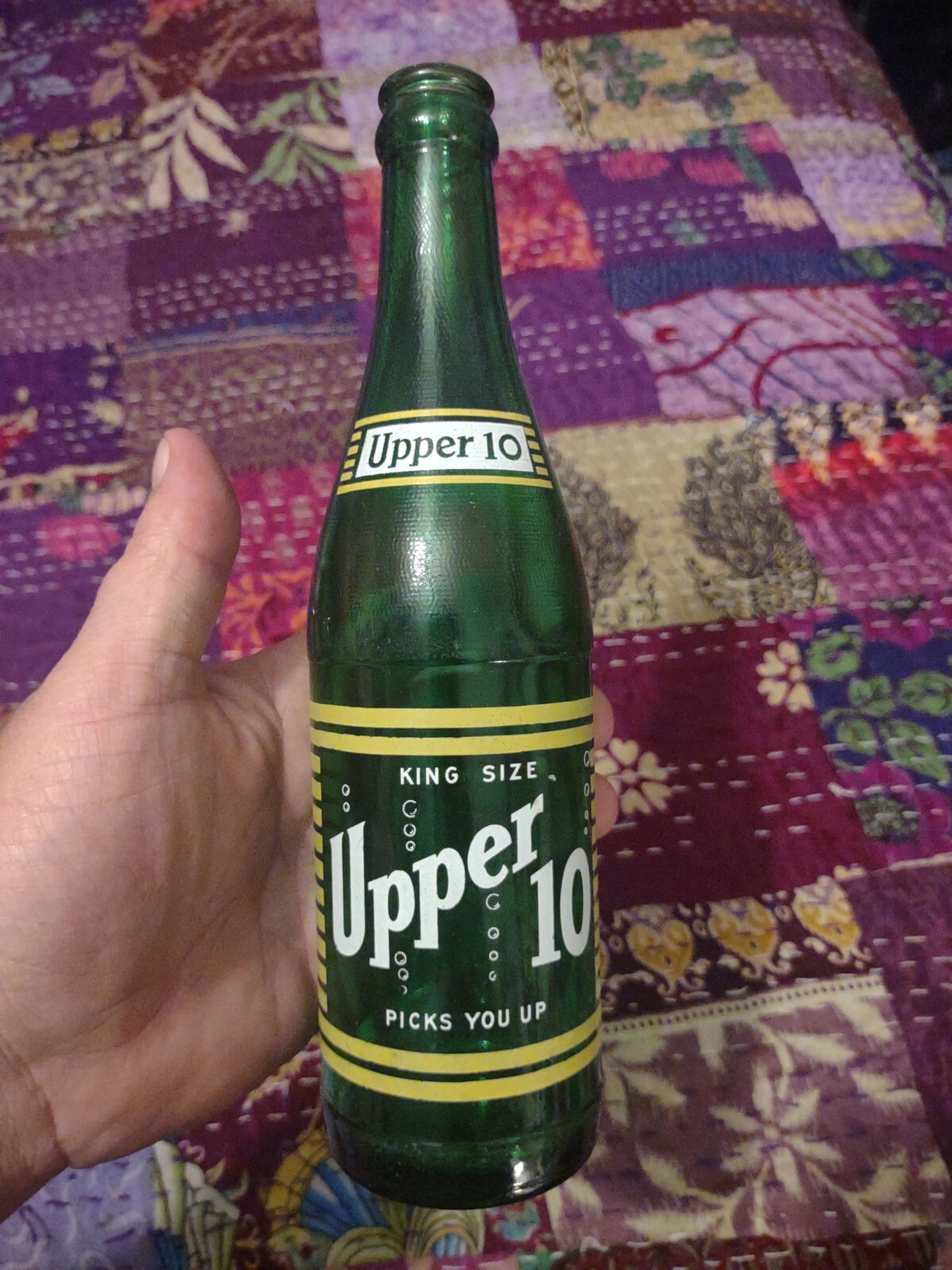 Vintage NEHI Upper 10 Soda ACL 12oz Green Glass Bottle Greenville SC