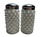 Fenton Vintage White Milk Glass Hobnail Salt & Pepper Shaker Set Chrome Lids
