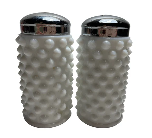 Fenton Vintage White Milk Glass Hobnail Salt & Pepper Shaker Set Chrome Lids