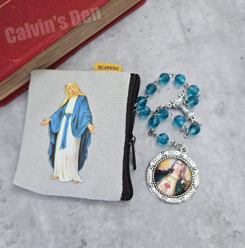 First Communion Blue Bead Rosary Necklace Chalice Immaculate Heart of Mary Gift - Picture 4 of 5