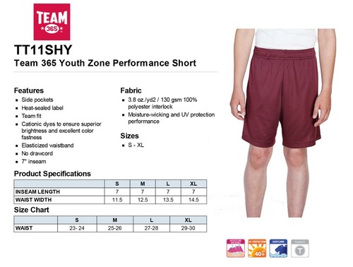 Team 365 Shorts Youth Zone Performance Short TT11SHY - Picture 2 of 23