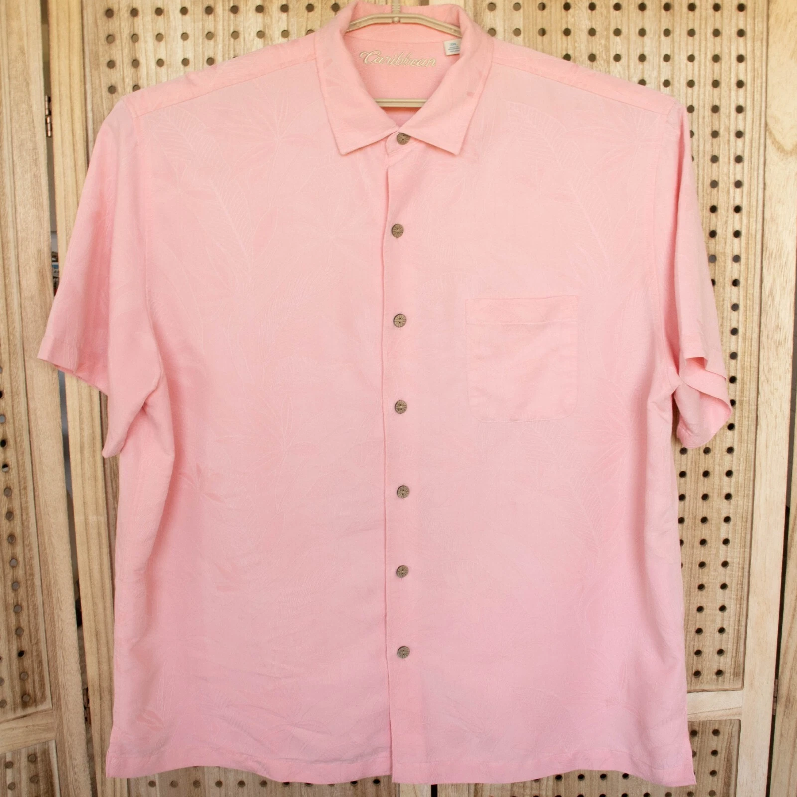 Caribbean Coral Pink Button Up Shirt Tropical Embossed Mens SIZE XXL