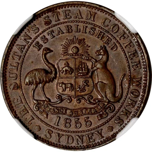 1855 Australia J MacGregor 1/2 Penny Token, NGC MS 62, KM Tn152, Sydney, Scarce